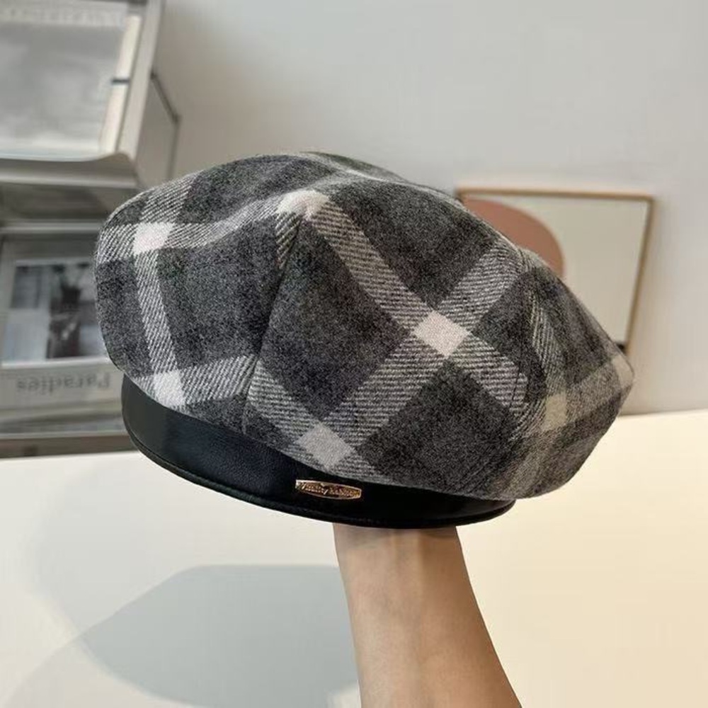 Plaid Beret with Black Leather Trim